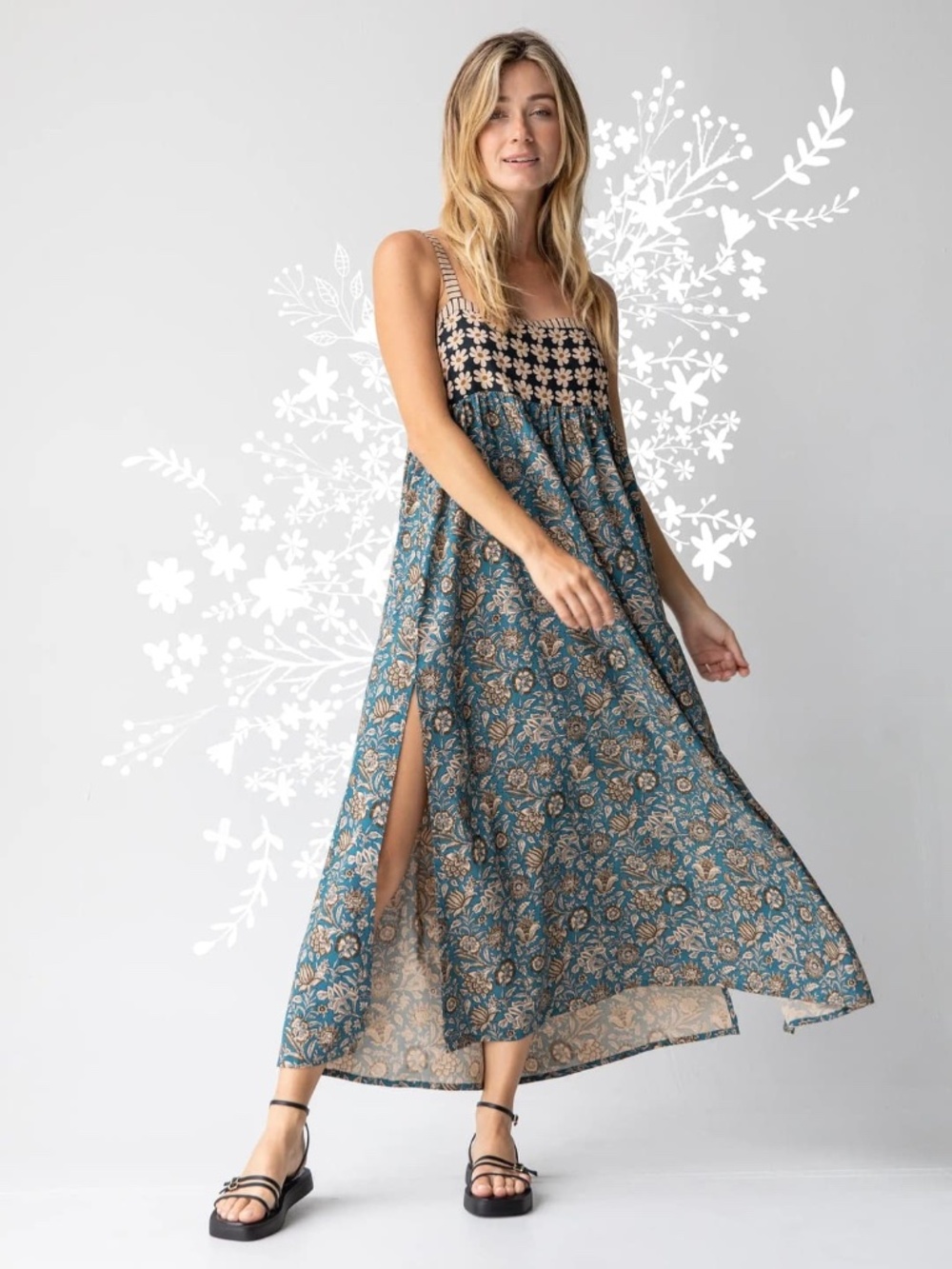 Natural Life Patti Side Slit Maxi Dress Teal Cream Floral Size XS
